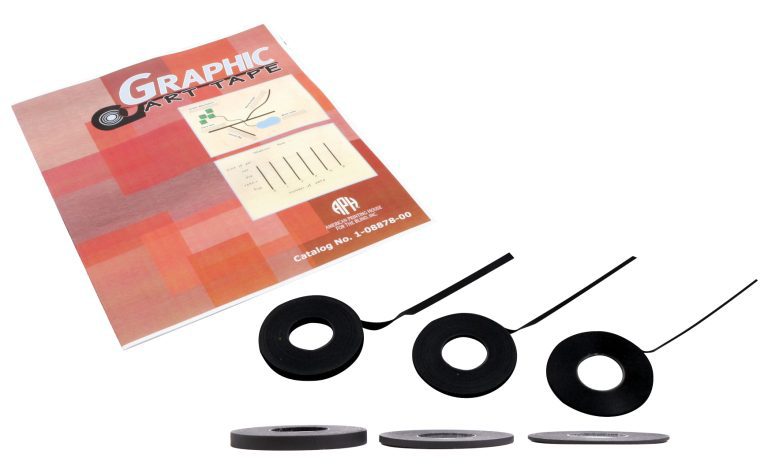 A set of black circular acoustic lapel tape rolls with attached backing strips, displayed alongside a printed product booklet on a plain white background.