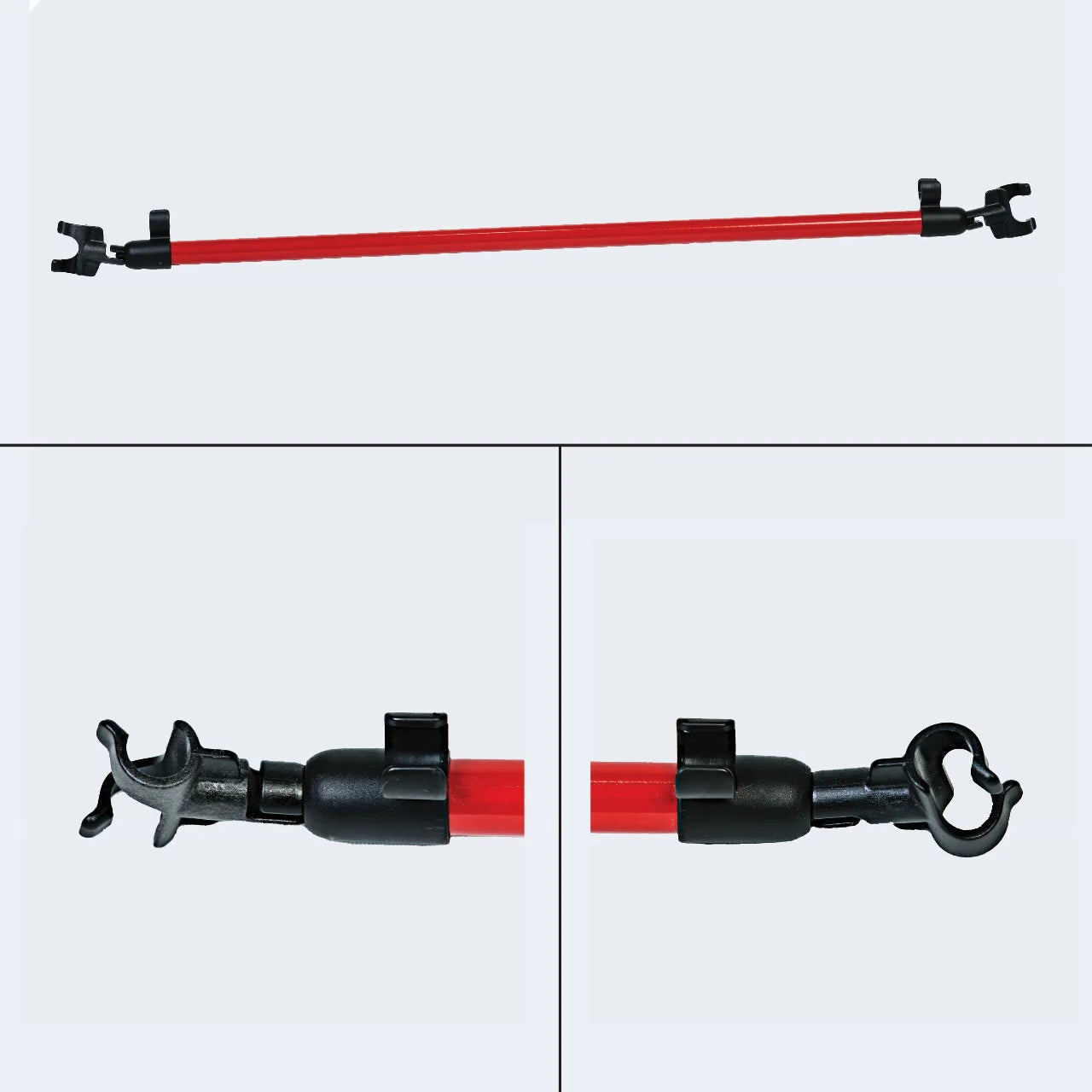 Red tandem bar with dual clip attachments at each end for connecting two mobility canes or supporting guided walking assistance
