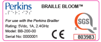 Perkins Braille Bloom label with SGS logo and certification details