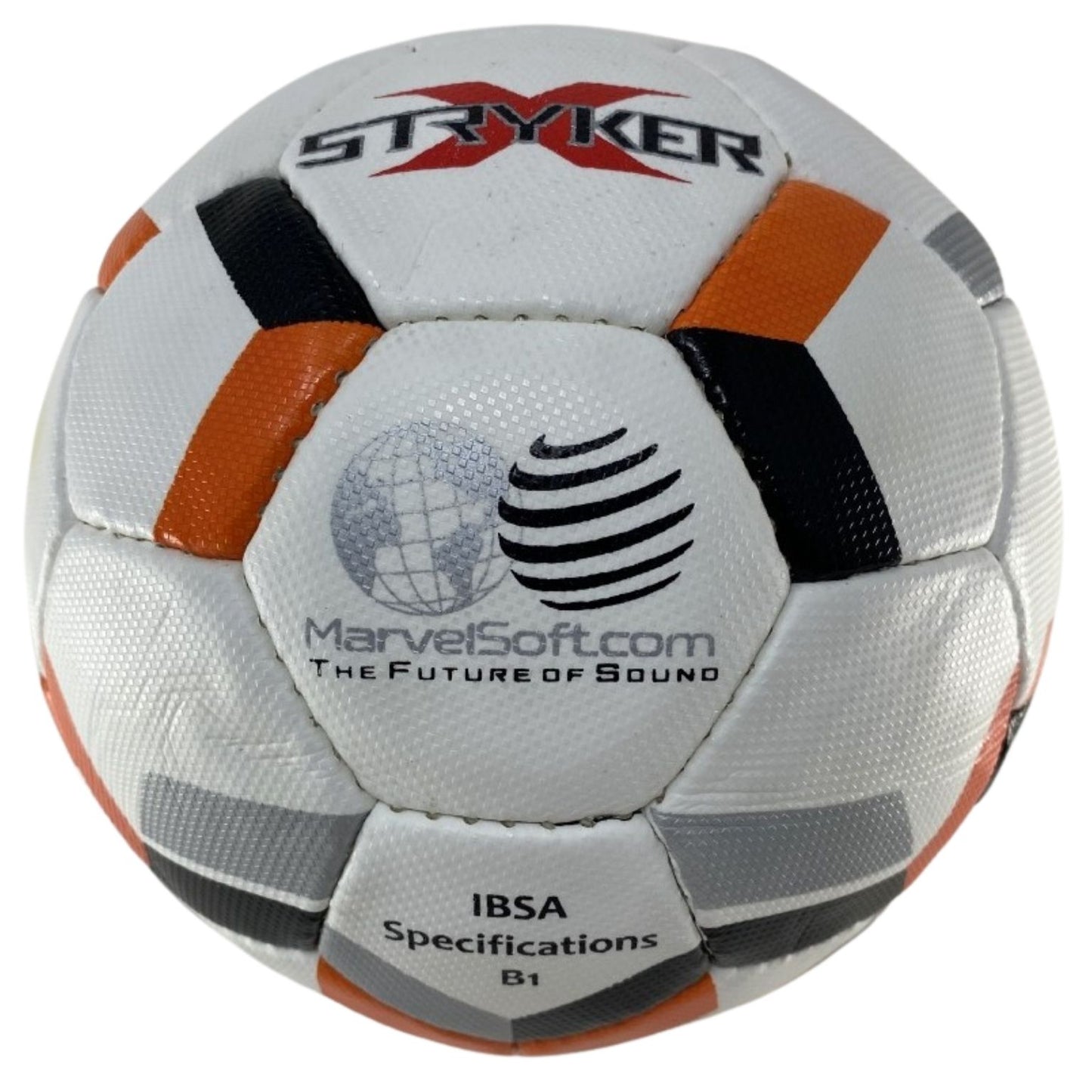 Soccer ball with Stryker, MarvelSoft, and IBSA branding on a white background