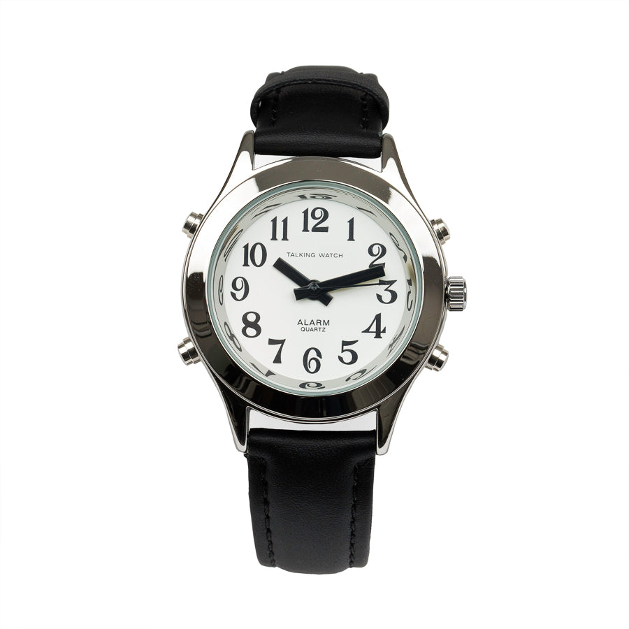 Image of Ladies Talk Watch Alarm-Silver Finish Blk Leather