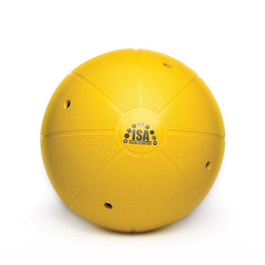 Yellow goalball with black letters ISA