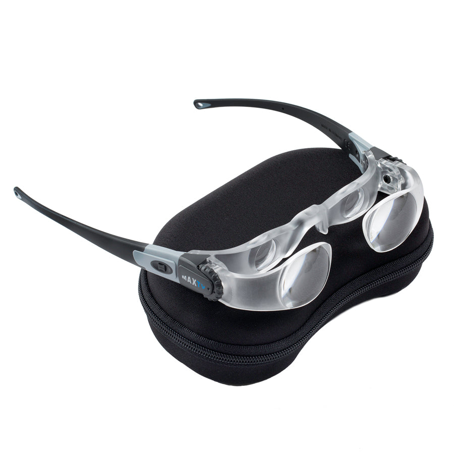 Glasses with double lenses sitting on top of a black zippered case