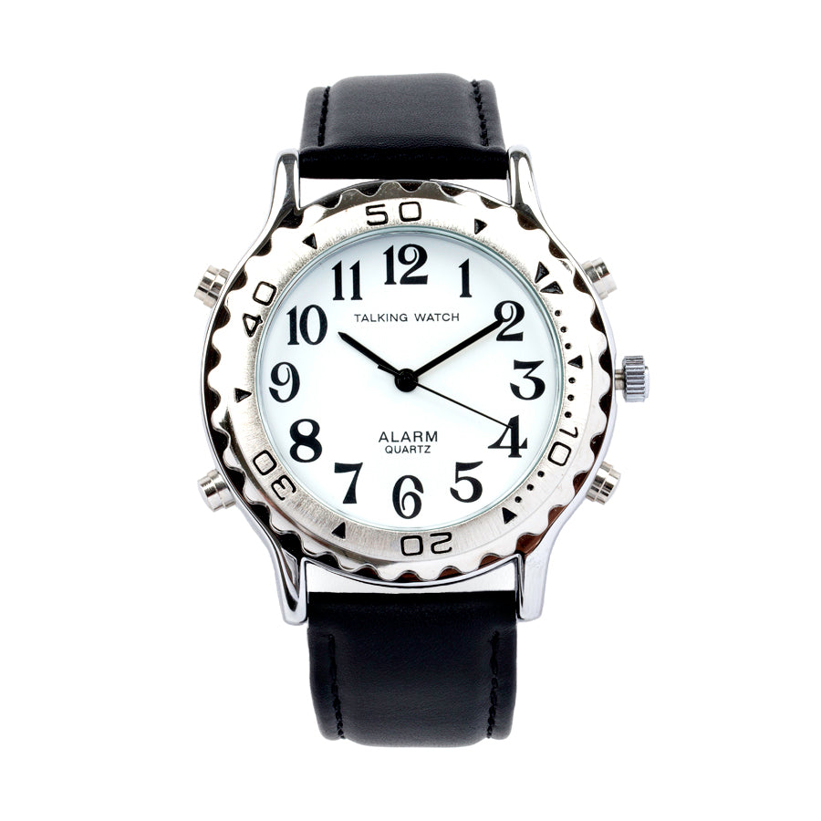 Mens Talk Watch Alarm-Silver Finish Black Leather Band