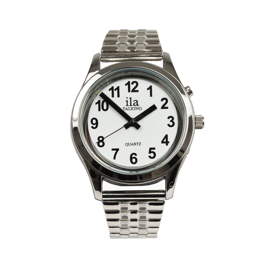 A silver-tone men's watch with a white dial, black hands and numbers, and the brand 'ila' visible on the watch face.