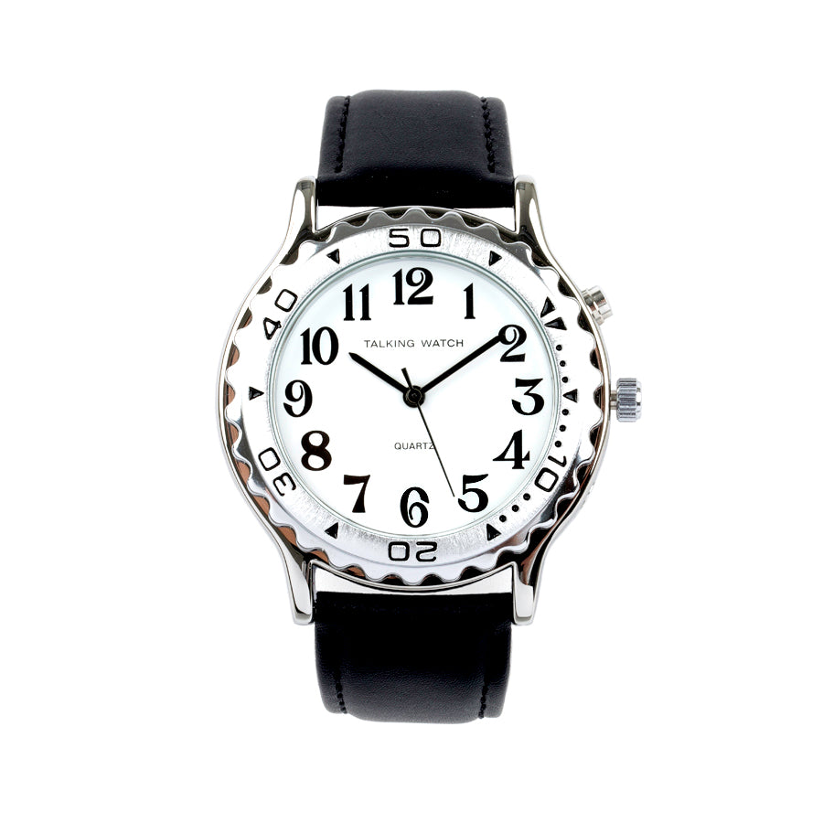 French-Watch Men 1 Button Slvr Talk Blk Leather Band