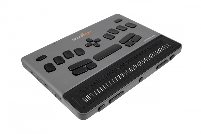 Side view of BrailleNote Evolve 32 showing braille keyboard, display, and device ports
