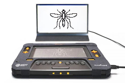 A Braille display connected to a laptop, showing a tactile mosquito graphic on the device and a matching black-and-white mosquito image on the laptop screen.