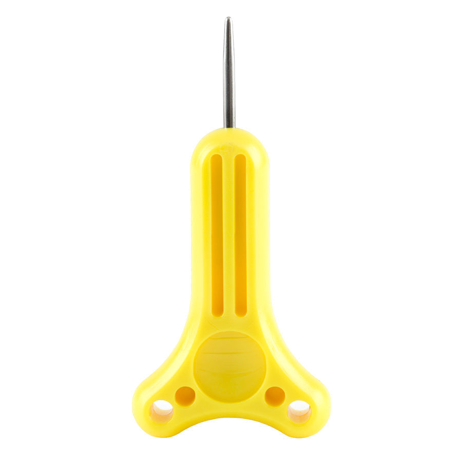 Stylus with a yellow plastic y-shaped handle pointed up.
