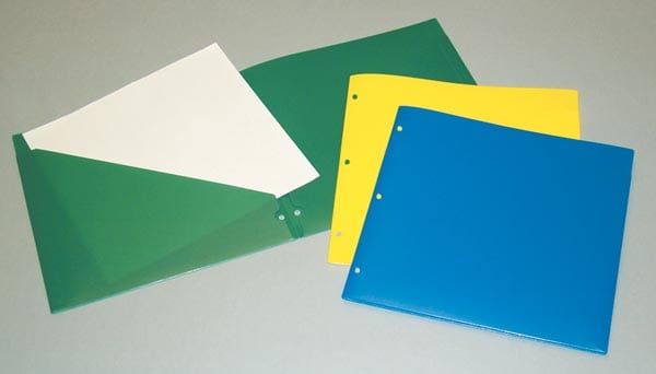 Three translucent plastic binder folders in green, yellow, and blue, arranged on a light gray background.