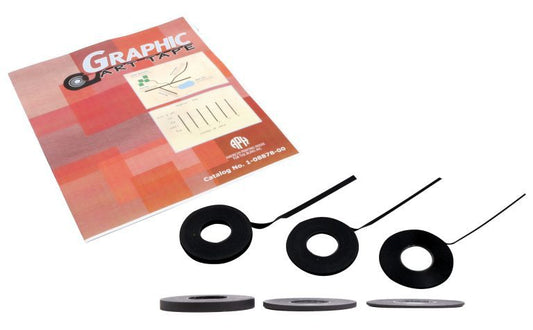 A set of black circular acoustic lapel tape rolls with attached backing strips, displayed alongside a printed product booklet on a plain white background.