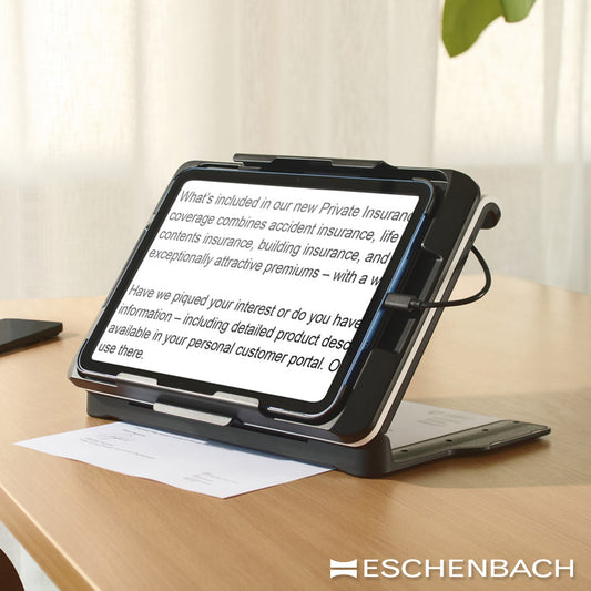 Tablet in a Optaro XL stand on a table with 'Eschenbach' branding