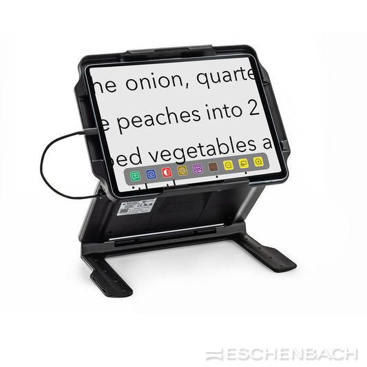Optaro XL stand with a tablet displaying text on a white background, featuring the brand, Stand is extended 'Eschenbach'.