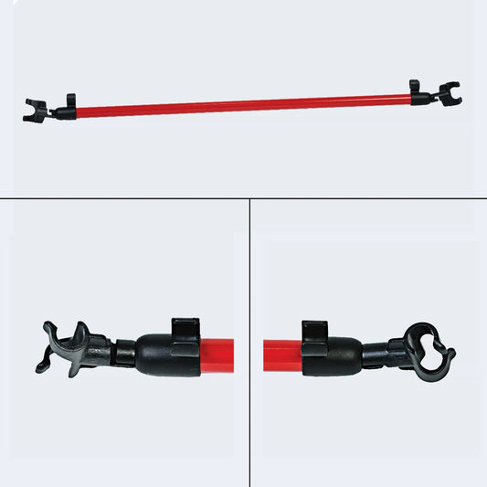 Red tandem bar with dual clip attachments at each end for connecting two mobility canes or supporting guided walking assistance