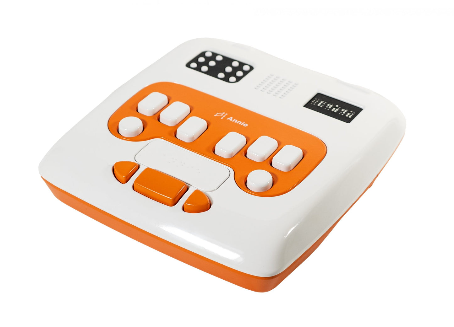 White and orange electronic device with buttons on a white background