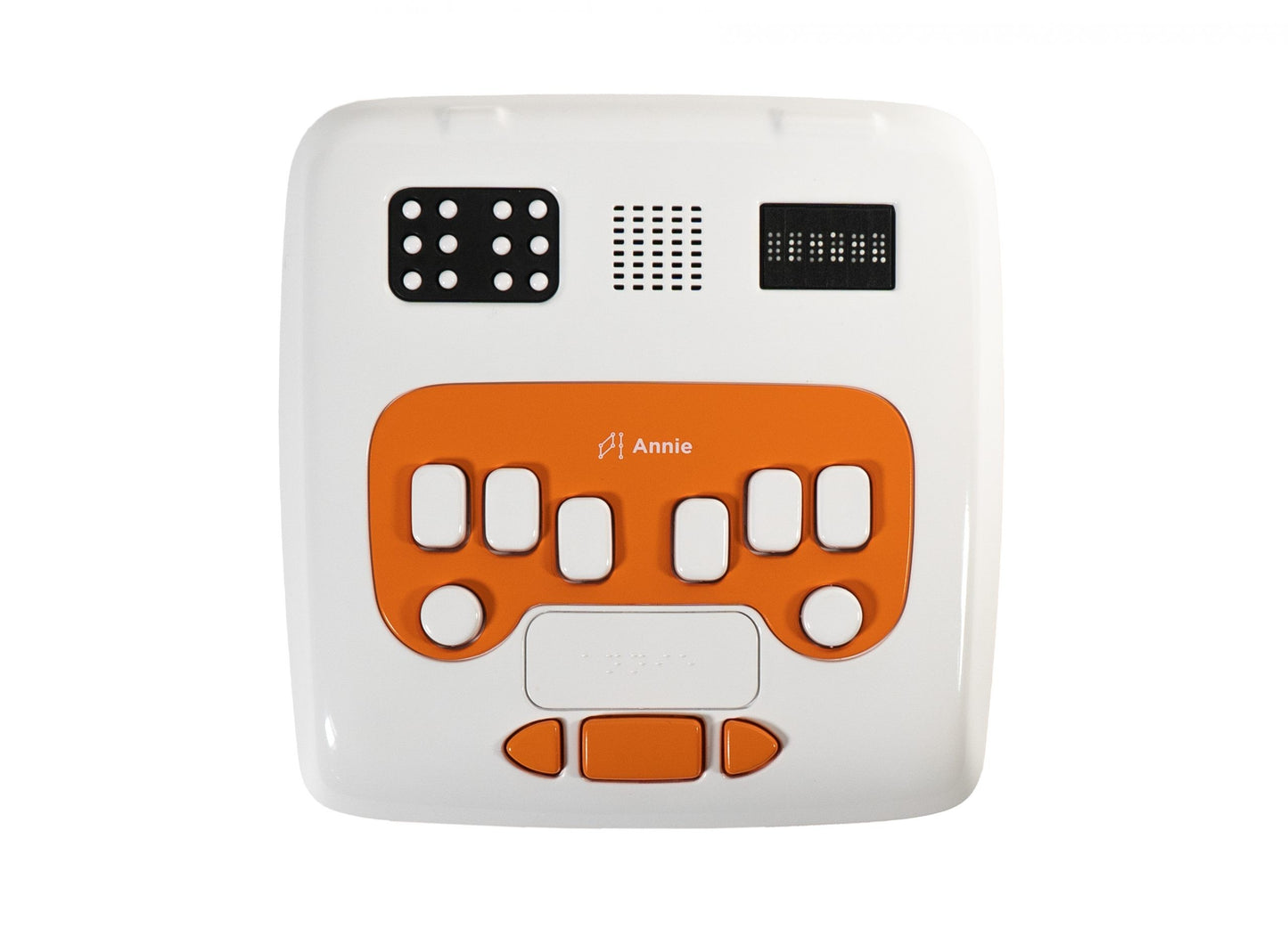 White electronic device with orange buttons and 'Annie' branding on a white background