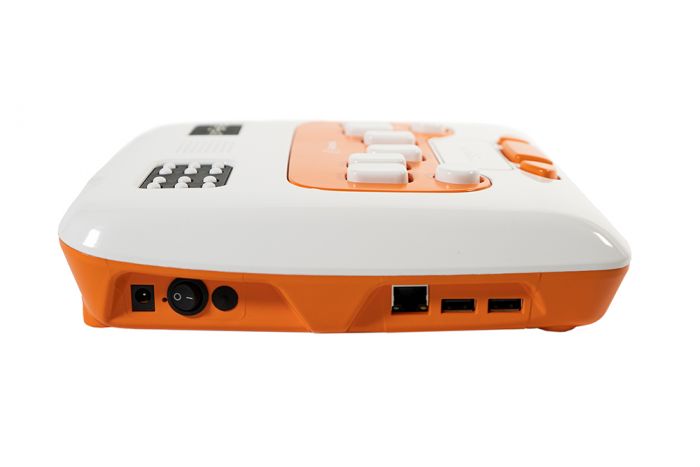 Orange and white electronic device with multiple ports on a white background