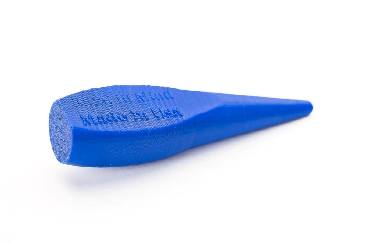 A blue plastic cone-shaped eraser with a textured circular end, featuring embossed text that reads 'BUILT TO LAST Made in USA', shown on a plain white background.