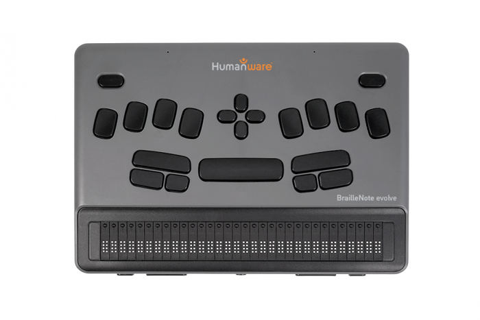 BrailleNote Evolve 32 showing 32-cell braille display and Perkins-style braille keyboard in top view