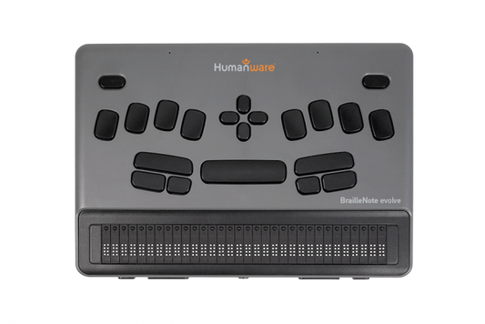 BrailleNote Evolve 32 showing 32-cell braille display and Perkins-style braille keyboard in top view