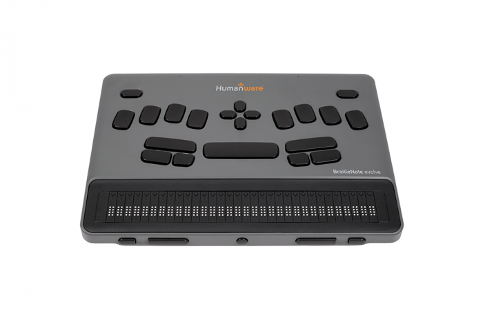 Angled front view of BrailleNote Evolve 32 highlighting braille display and navigation controls