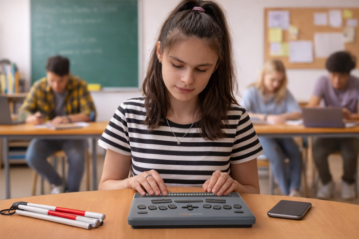 tudent using BrailleNote Evolve 32 in a classroom to read braille and complete schoolwork