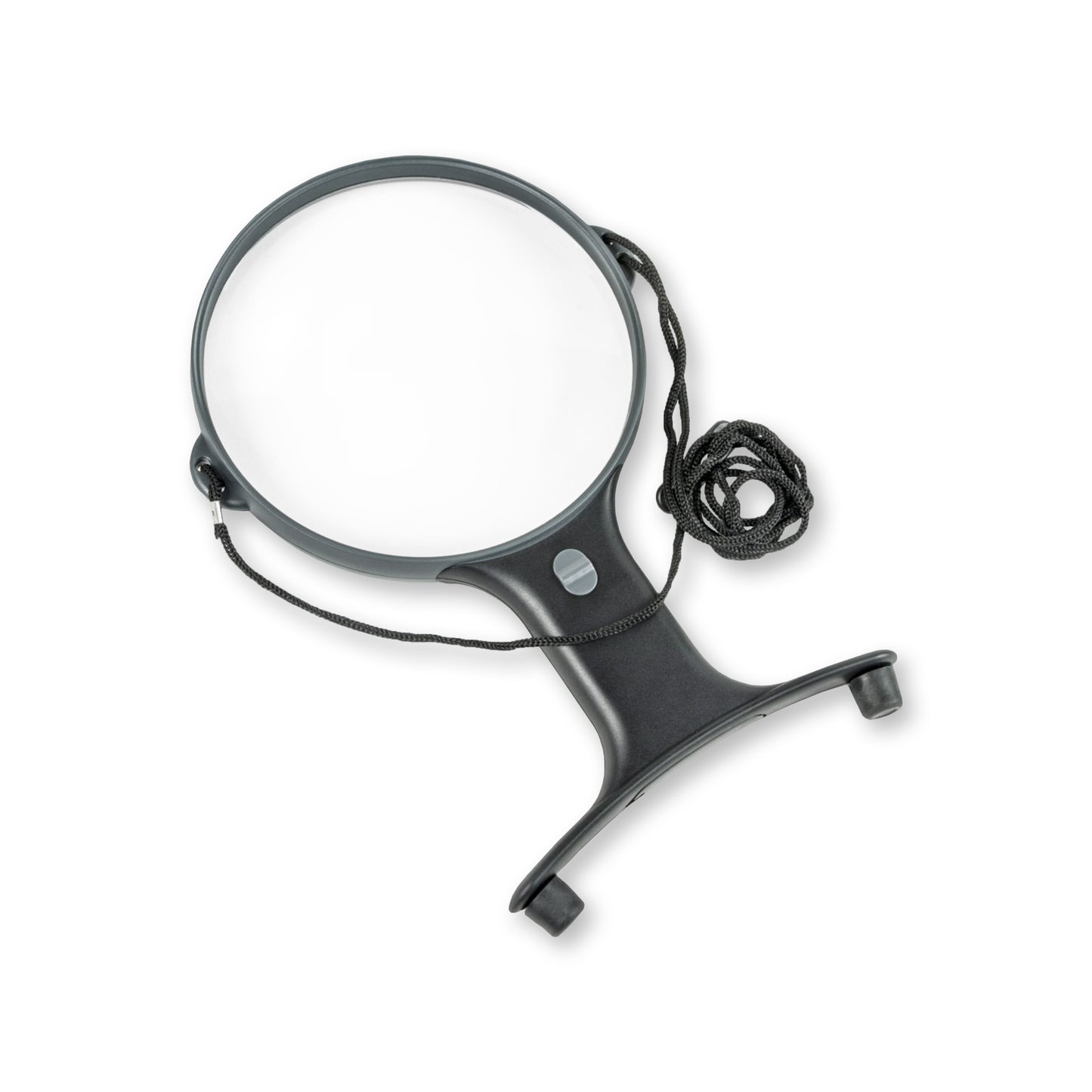 Around the neck magnifying glass with a grey border and a black lower half.
