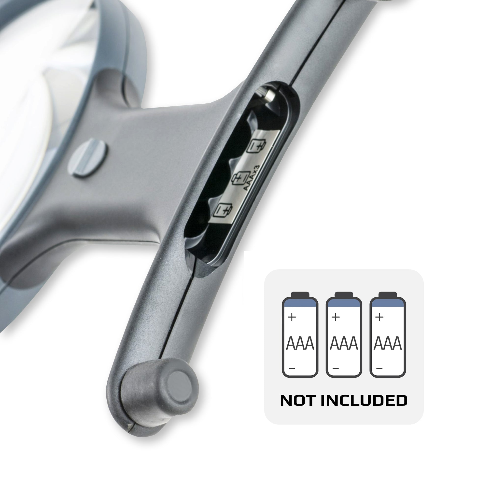 Close-up of the base of the device with battery slot and 'Not Included' label for AAA batteries on a white background