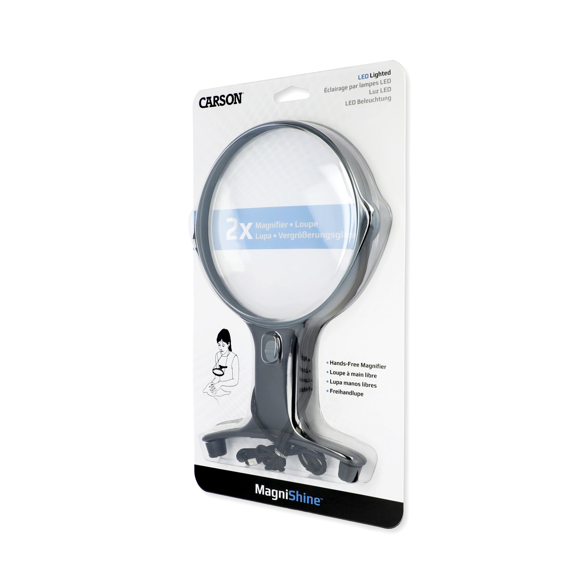 Carson MagniShine magnifying glass with LED light in packaging on a white background