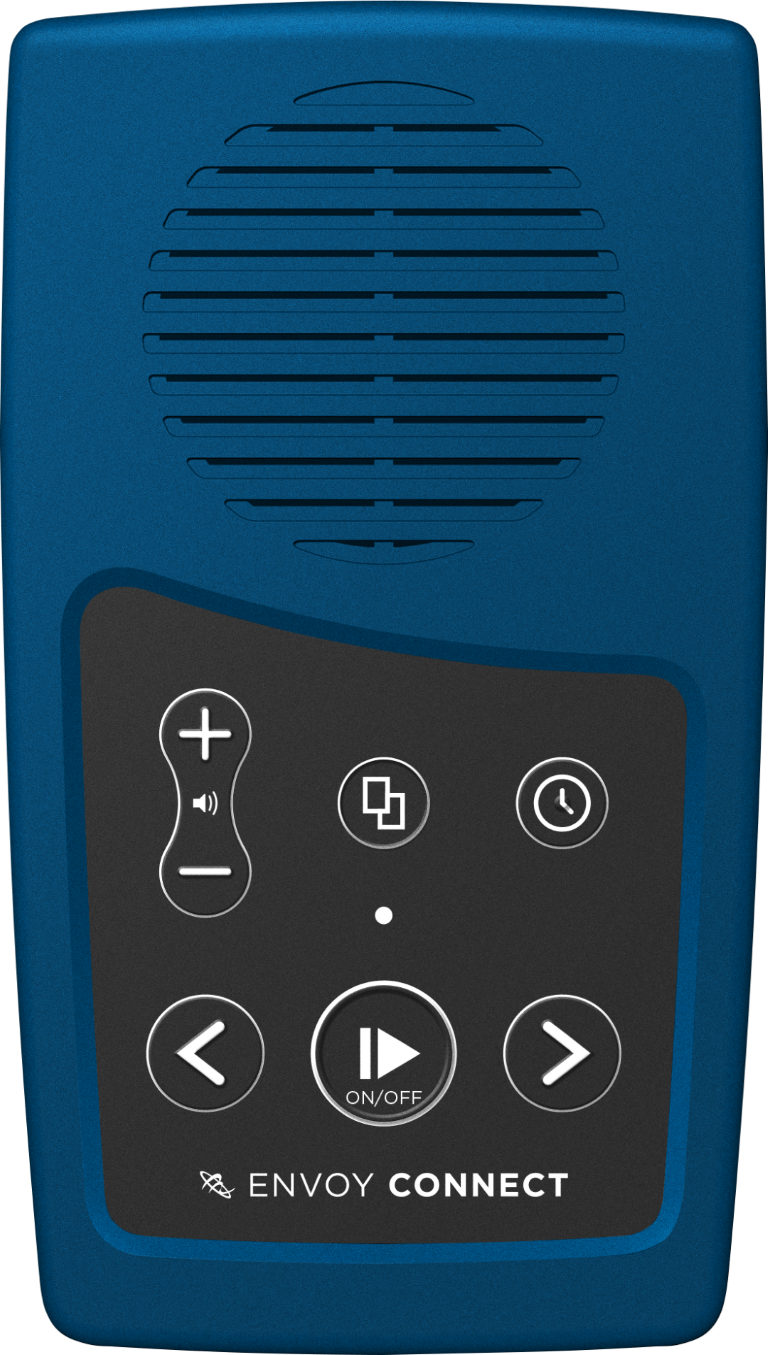 Blue electronic Envoy Connect 2 with control buttons labeled 'Envoy Connect' on a black background