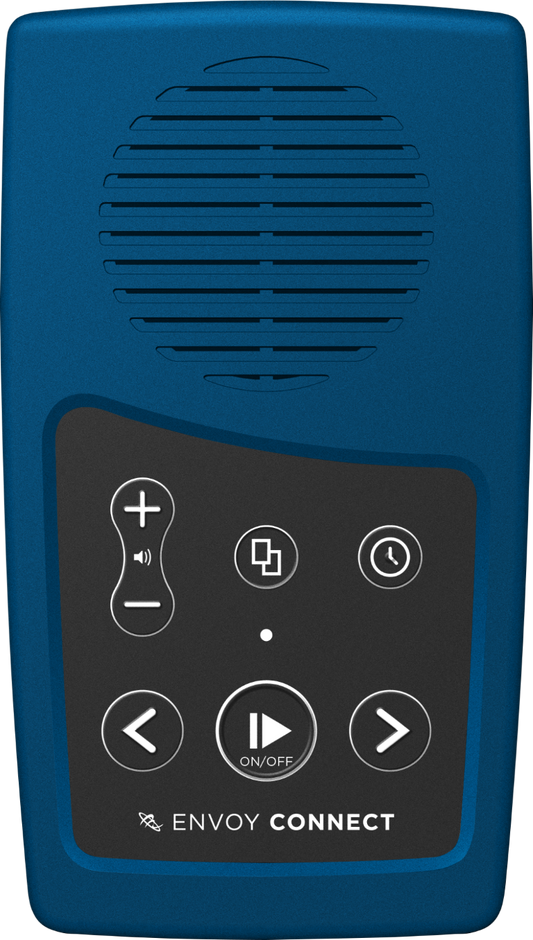 Blue electronic Envoy Connect 2 with control buttons labeled 'Envoy Connect' on a black background