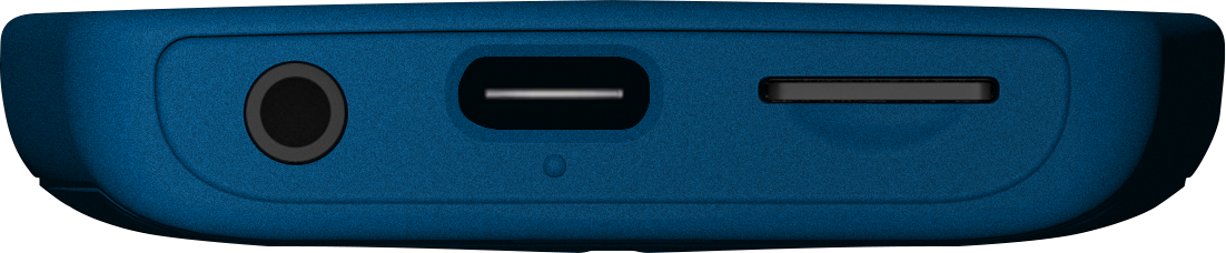 Close-up of a blue Envoy Connect 2 device's bottom edge with USB-C port , SD and headphone ports