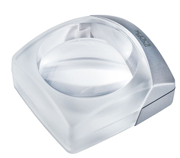 A square-shaped clear plastic magnifying lens holder with a silver metallic side accent and a visible 'MAGNA-LENS' brand engraving, shown on a solid white background.