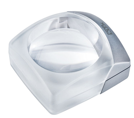 A square-shaped clear plastic magnifying lens holder with a silver metallic side accent and a visible 'MAGNA-LENS' brand engraving, shown on a solid white background.