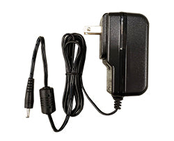 Black power adapter with plug and cable on a white background