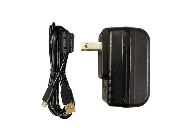 Black USB power adapter with a coiled USB cable, shown on a plain white background.