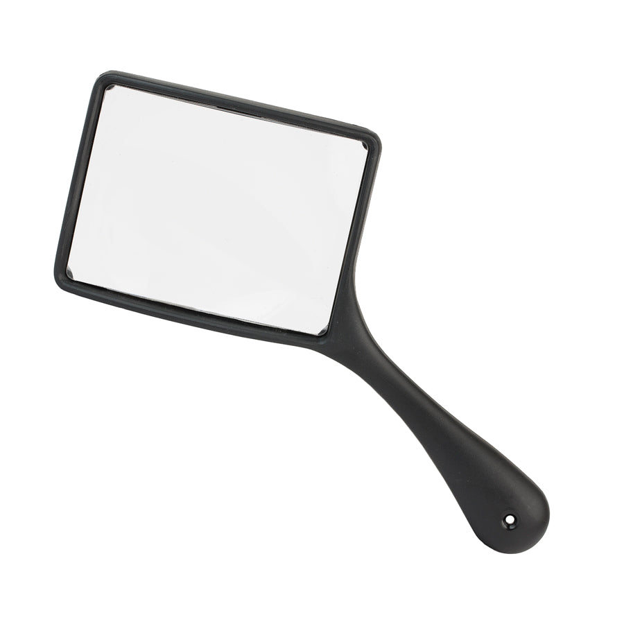 A hand-held magnifier with a rectangular clear lens and a black handle.