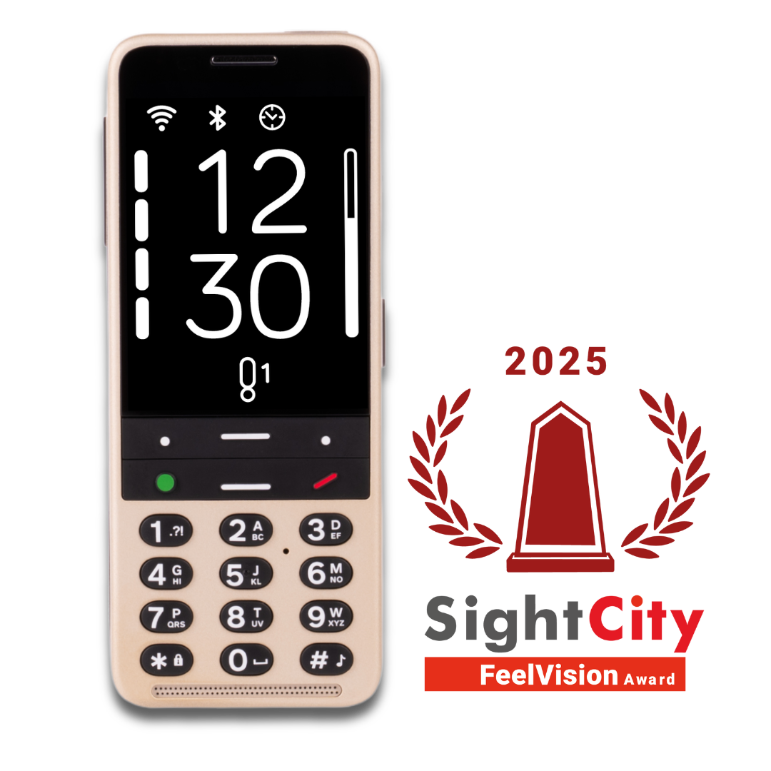 Phone with digital display and keypad, featuring 2025 SightCity FeelVision Award logo on a white background