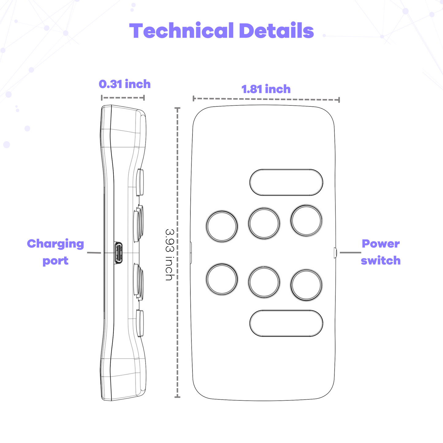 Technical diagram of a device with dimensions and labels for charging port and power switch.