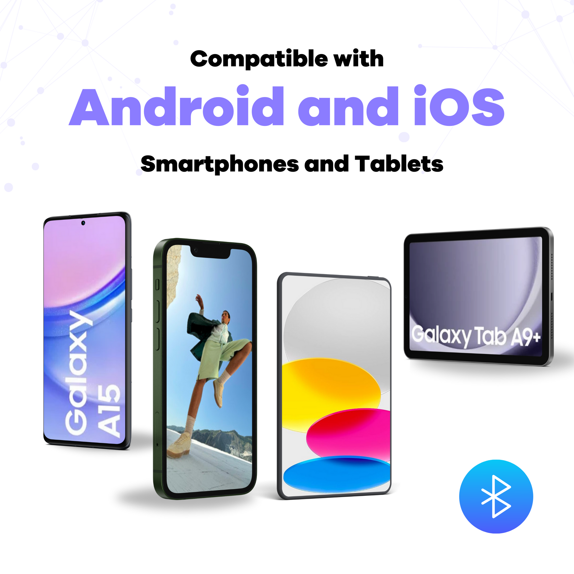 Smartphones and tablet with 'Samsung' branding on a white background, featuring text about compatibility with Android and iOS.