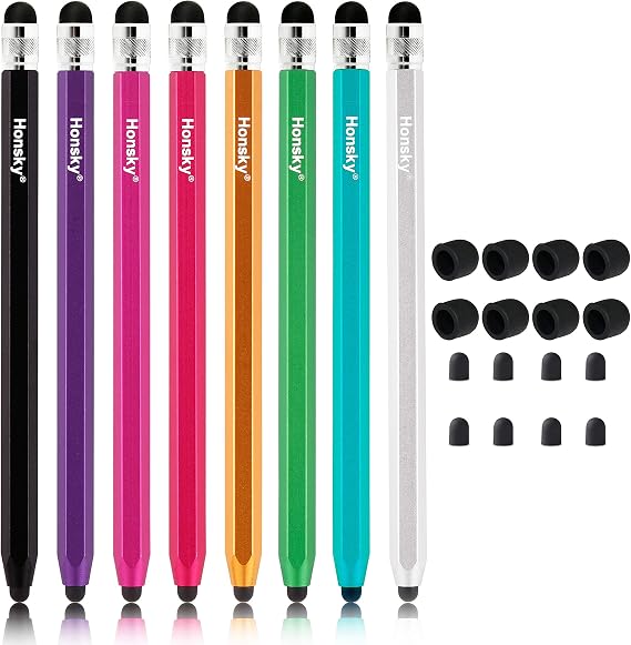 Six Homsky touch screen stylus pens in assorted colors (black, purple, pink, orange, green, silver) with black silicone earbud covers shown on the right, set against a white background.