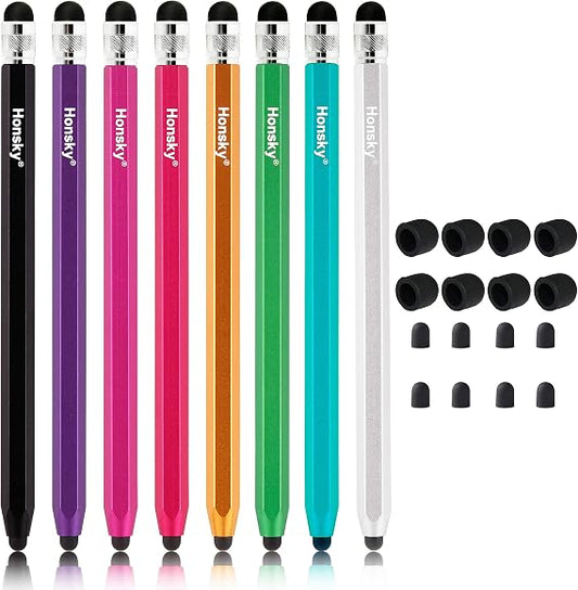 Six Homsky touch screen stylus pens in assorted colors (black, purple, pink, orange, green, silver) with black silicone earbud covers shown on the right, set against a white background.