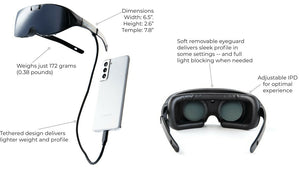 IrisVision Inspire glasses tethered to a phone with glasses dimensions and weight