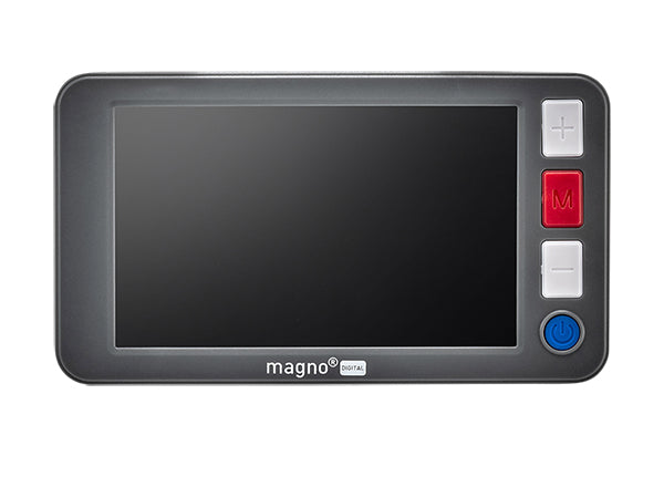 A close-up front view of the magno digital 5 inch digital magnifier.  A black frame with a 5" screen and four buttons on the right hand side.  White, Red, white and blue.