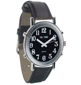 Image of Mens Talk Watch Alarm Blk Face Blk Leather Band