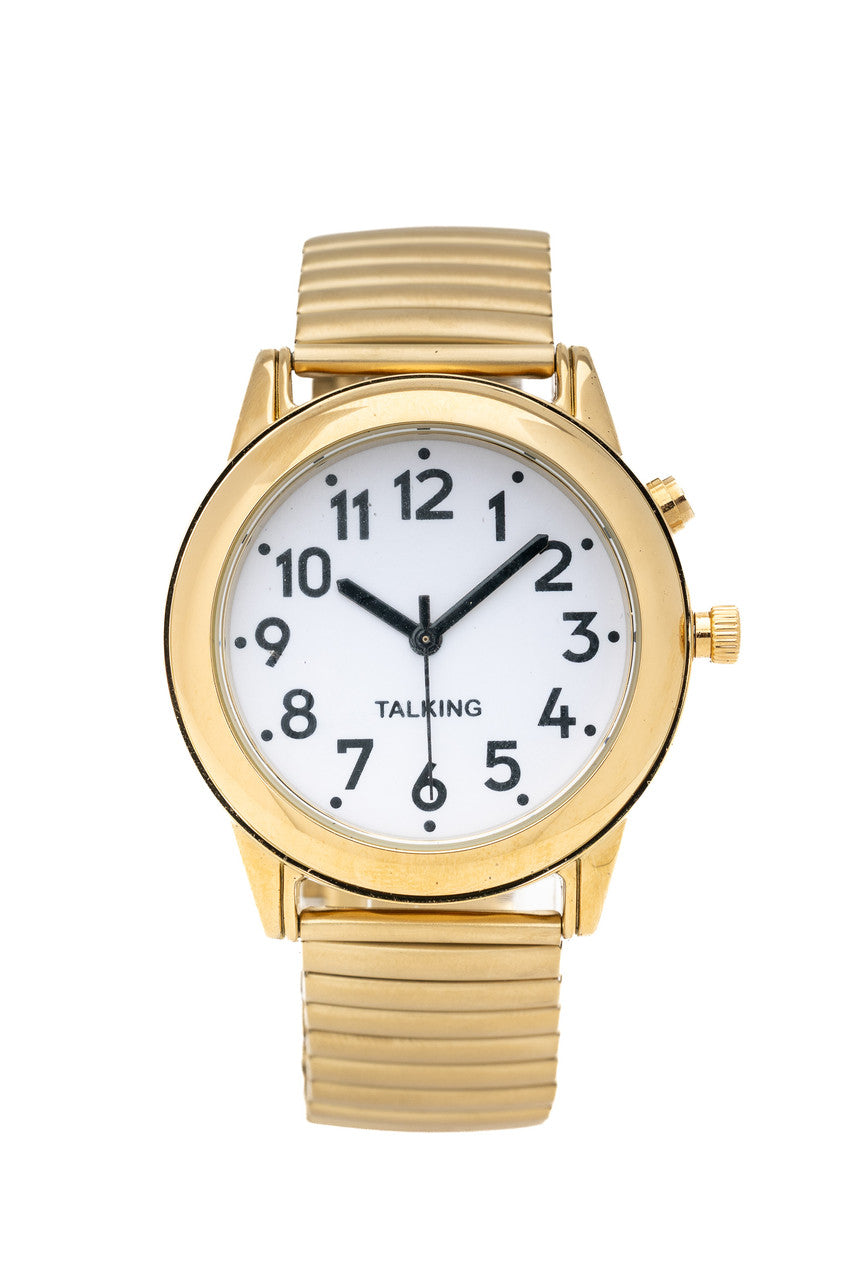 Mens Gold watch with white face, black numbers and black hands with the word talking displayed above the number 6 