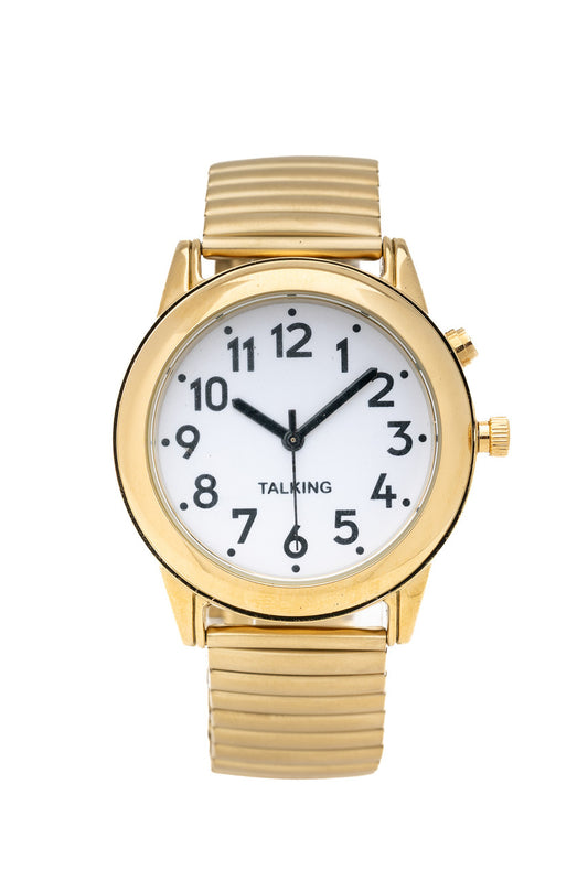 Mens Gold watch with white face, black numbers and black hands with the word talking displayed above the number 6 