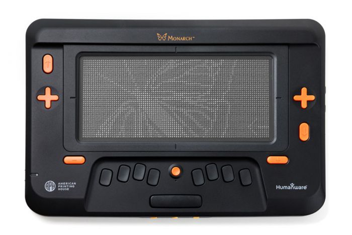 Monarch multi-line braille and tactile display showing full tactile grid and navigation controls in top view