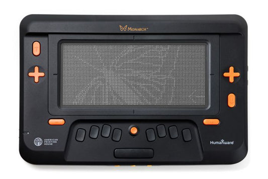Monarch multi-line braille and tactile display showing full tactile grid and navigation controls in top view