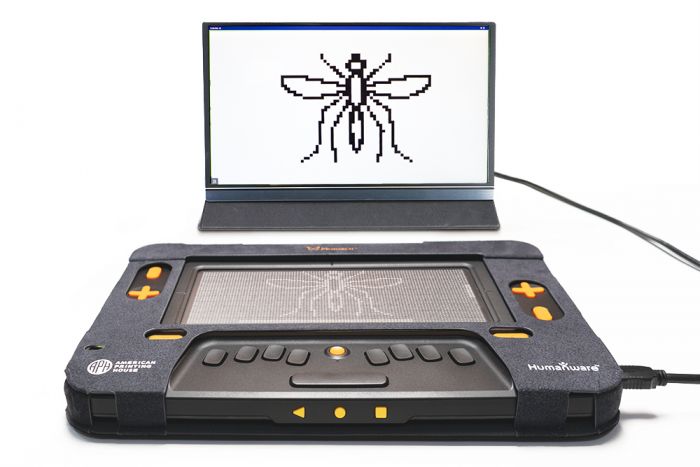 Monarch tactile display connected to a laptop showing a graphic, demonstrating real-time tactile image output